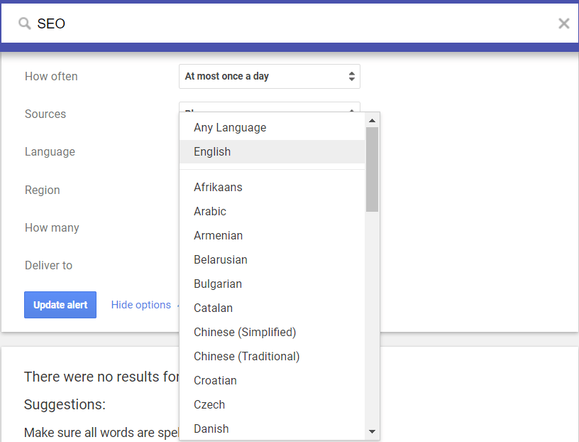 set up google alerts-Choose your language and region